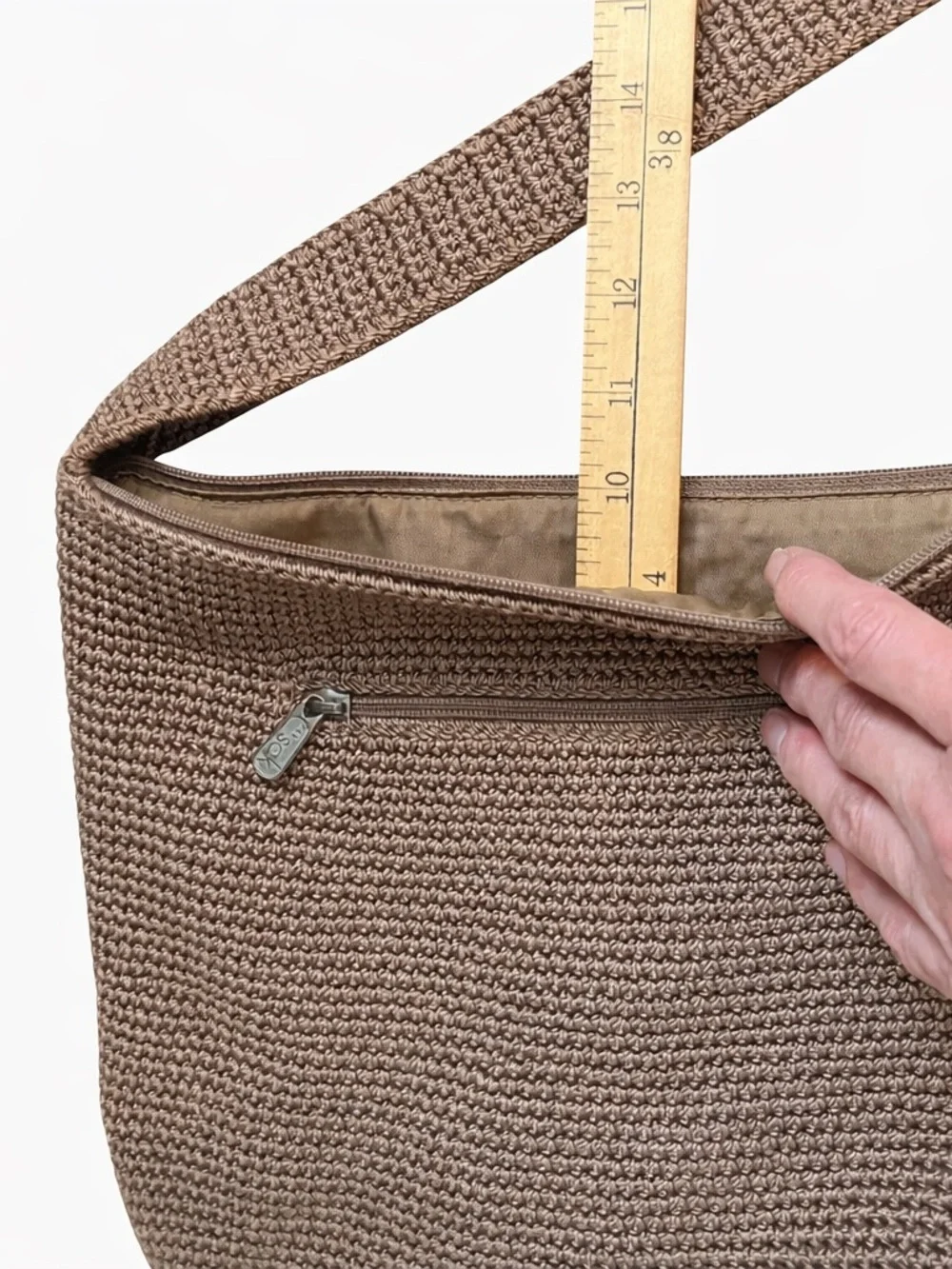 The Sak Crochet Knit Shoulder Bag Brown Boho Hobo Zip Closure